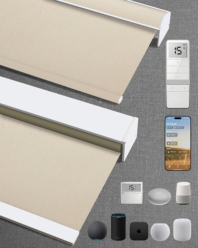 Motorized Blinds with Remote: Kincmo 100% Blackout Roller Shades Work with Apple Homekit,Alexa,Google Home, Customized Electric Blinds with App,Voice Control (100% Blackout Essential Stone)