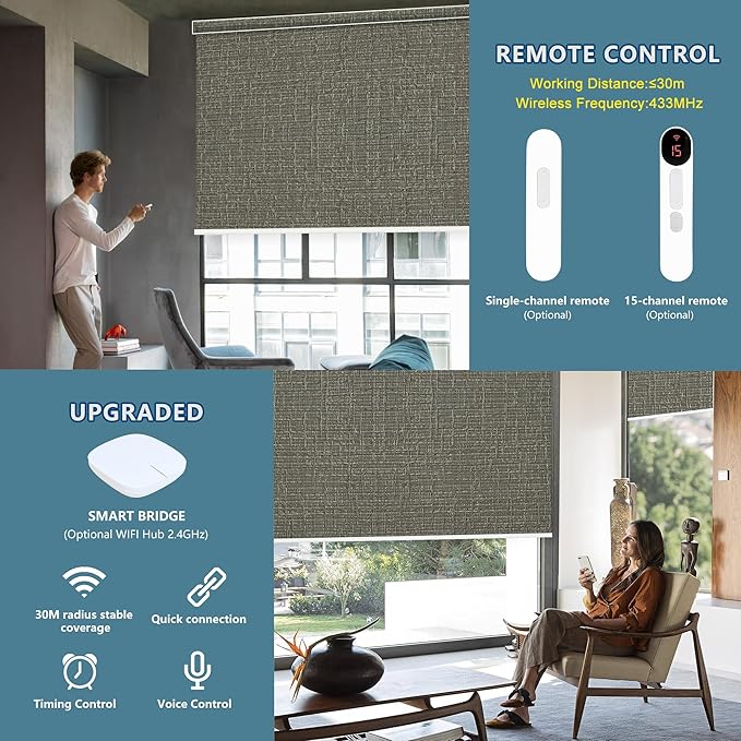 Bringnox Motorized Blinds with Remote,100% Blackout Smart Roller Blinds Compatible with Apple Homekit Google Home and Alexa Via HUB,and Customized (Safari Smoke-19)
