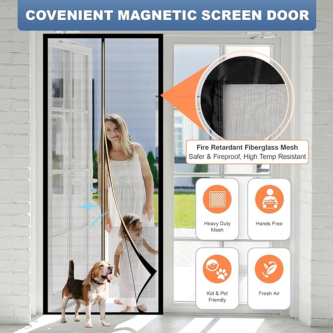 METAONLY Fiberglass Magnetic Screen Door Mesh Fits 36" x 82" Door - Curtain Size 38" x 83", Works for Patio, Sliding Door, Keeps Bug Mosquito Out, Fresh Air Flow, Black