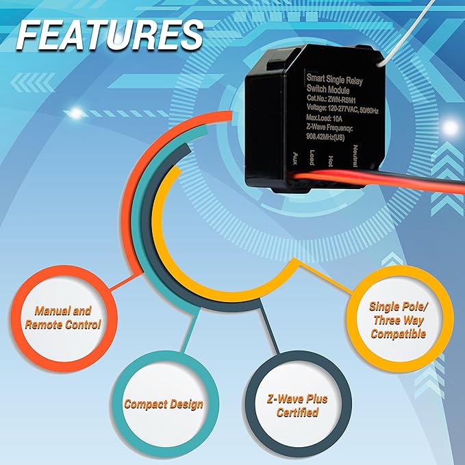 ENERWAVE Z-Wave Plus Relay, Hidden Smart Switch Wireless Remote Control to Lights and Ceiling Fans, 120-277VAC, 10A, Neutral Wire Required, ZWN-RSM1-PLUS, Black