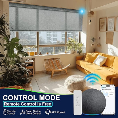 BERISSA Motorized Blinds with Remote,Light Filtering Smart Blinds for Windows,Linen Fabric,Remote Control,Thermal Insulated Automatic Blinds,Electric Blinds with USB/Solar Pannel.Linen Grey