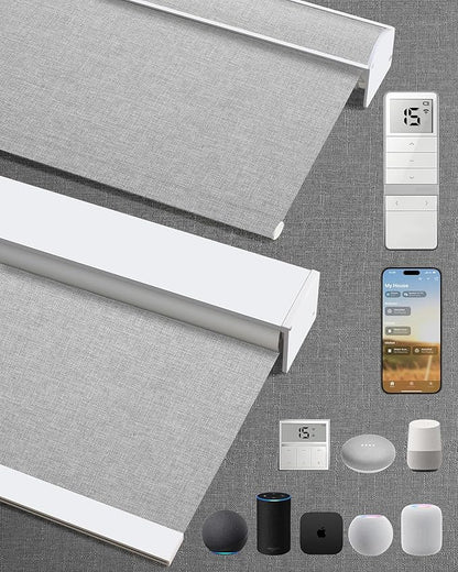 Motorized Blinds with Remote: Kincmo 100% Blackout Roller Shades Work with Apple Homekit,Alexa,Google Home, Customized Electric Blinds with App,Voice Control (100% Blackout Natural Grey)