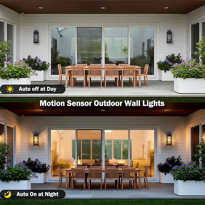 20 Inch Large Motion Sensor Outdoor Lights, Matte Black Dusk to Dawn Outdoor Wall Lights with Water Glass, 3 Lighting Modes Porch Lights Outdoor Light Fixture, Waterproof Outdoor Lights for House