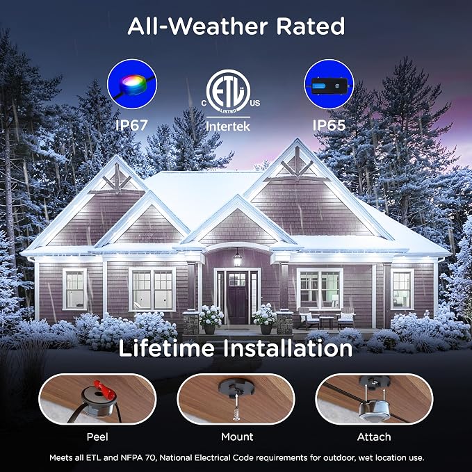 Enbrighten Accent Permanent Outdoor Lights, 150ft, 36 Lights, Smart | Black Cord, RGBWIC LEDs, Weatherproof, Cuttable, Link to 200ft, Christmas, App Control, Works with Alexa & Google Home