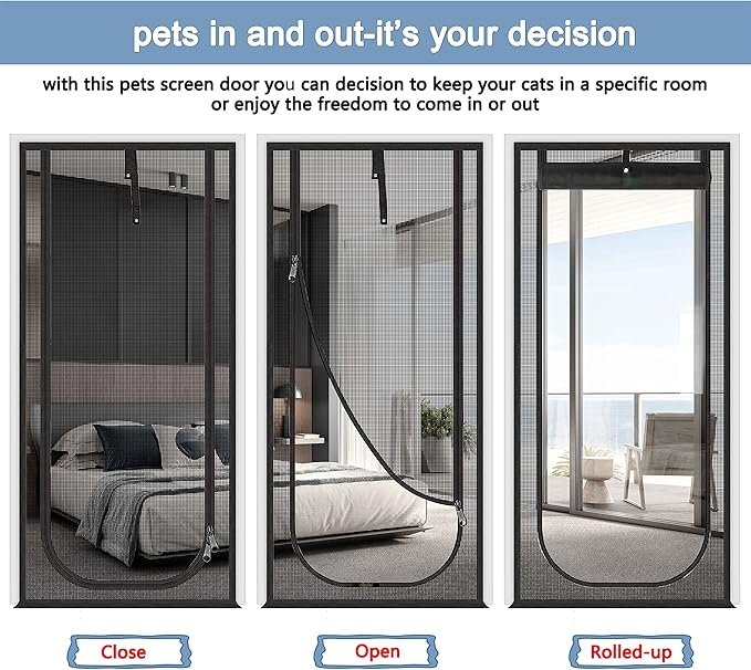 Upgraded Pet Screen Door,Fits Door Opening Size 34''x 83'',Thickened Cat Resistant Mesh Screen Door for Living Room,Kitchen,Bedroom,Cat Proof Screen with Zipper Closure.(U-Type,Black)
