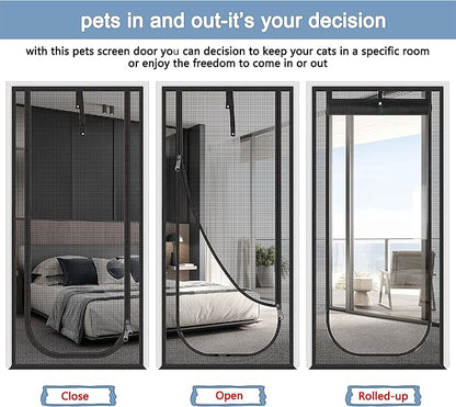 Upgraded Pet Screen Door,Fits Door Opening Size 34''x 83'',Thickened Cat Resistant Mesh Screen Door for Living Room,Kitchen,Bedroom,Cat Proof Screen with Zipper Closure.(U-Type,Black)