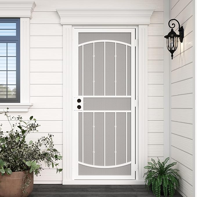 JUBEST 32" x 80" Steel Security Door, Universal/Reversible Outswing Security Screen Door, White Powder-Coated Surface Mount Frame with Expanded Metal Screen, Rust-Resistant, No Handles Included