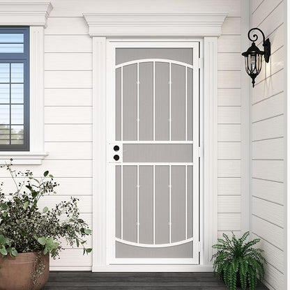 JUBEST 32" x 80" Steel Security Door, Universal/Reversible Outswing Security Screen Door, White Powder-Coated Surface Mount Frame with Expanded Metal Screen, Rust-Resistant, No Handles Included