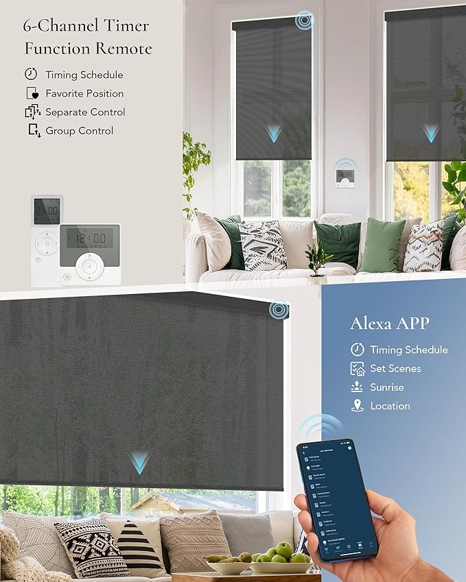 Smart Shades Compatible with Alexa Google Custom to 115" Width Light Filtering Motorized Blinds Automatic Large Window Roller Shade Remote Control 30% Blackout Peacock Black