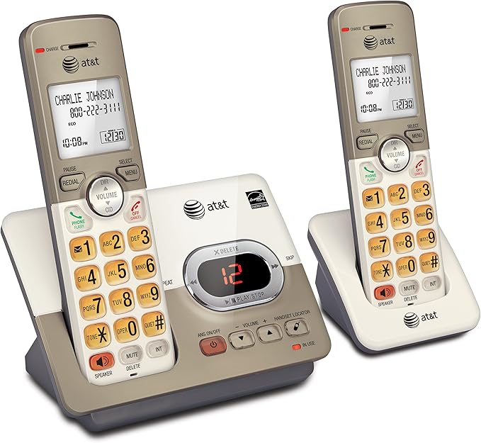 AT&T EL52213 2-Handset Cordless Phone with Digital Answering System, Extra-Large Backlit Keys, Caller ID/Call Waiting, DECT 6.0, Expandable, Speakerphone – Light Champagne