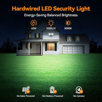 45W 5500LM PIR Motion Sensor Outdoor Lights, Dual Head LED Flood Light, 5000K Daylight, IP65 Waterproof Hardwired Dusk to Dawn Motion Detector Security Light for Outside Garage Yard (Black)