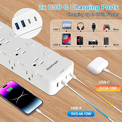 10 Ft Surge Protector Power Strip - 8 Widely AC Outlet 4 USB Ports(2 USB C), Flat Plug Extension Cord with Multiple Outlets, Individual Switches, Desk Extender for Dorm, Home, Office Essentials, 1400J