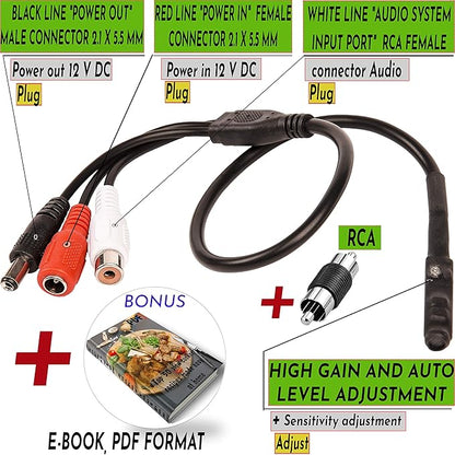 CCTV Microphone with Preamp, RCA Audio Out, 12V DC — Adjustable Gain — for DVR/NVR & IP Cameras (3Pack)