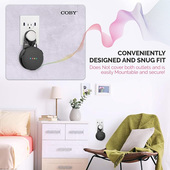 Coby Wall-Outlet Mount Smart Speaker Holder with Cord Holder & Cable Management, Wall Shelf for Google Nest Mini 2nd Gen & Google Home Mini 1st Gen, No Screw Plug Bracket, Black