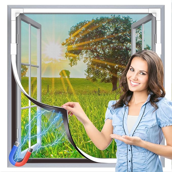 HOFUDON Window Screen Adjustable Magnetic Window Screen Replacement Max 43” x 71”, DIY Fiberglass Mesh Window Screens for House Windows White Frame Grey Mesh