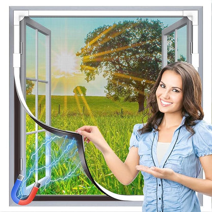 HOFUDON Window Screen Adjustable Magnetic Window Screen Replacement Max 43” x 71”, DIY Fiberglass Mesh Window Screens for House Windows White Frame Grey Mesh