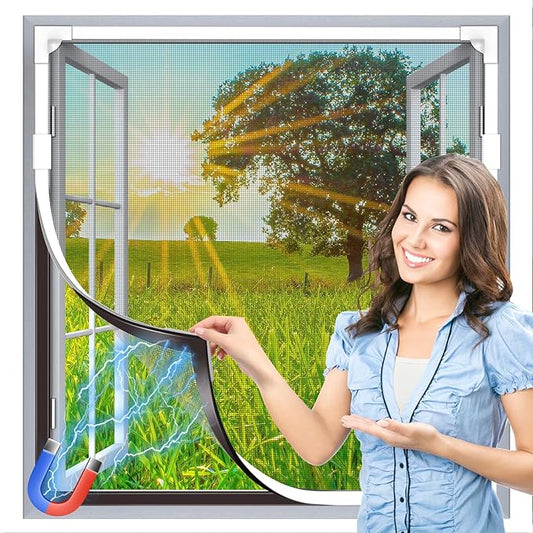 HOFUDON Window Screen Adjustable Magnetic Window Screen Replacement Max 47” x 51”, DIY Fiberglass Mesh Window Screens for House Windows White Frame Grey Mesh
