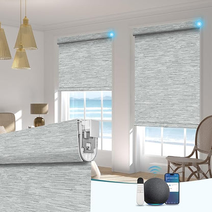 BERISSA Smart Motorized Blinds with Remote,No Drill Automatic Roller Blinds for Indoor Windows,Blackout Linen Fabric,Electric Shades for Windows Home Office,Maze Grey,Custom Size