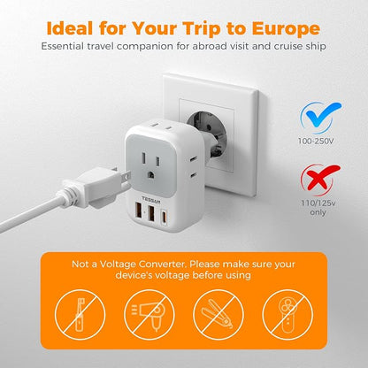 TESSAN European Travel Plug Adapter 2 Pack, Type C Foldable Plug