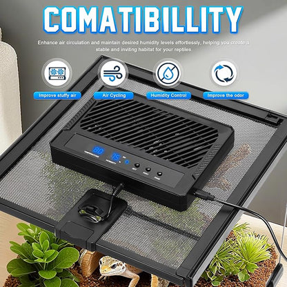 Reptile Intelligent Double Ventilation Fan with Humidity Sensor and High-Temp Alarm, Fan Dehumidifier for Reptile Terrariums, Suitable for overly humid, Rainforest and Ecological Tanks