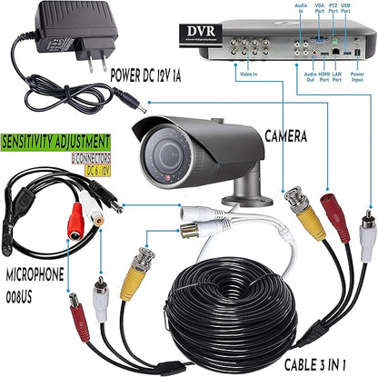 CCTV Microphone with Preamp, RCA Audio Out, 12V DC — Adjustable Gain — for DVR/NVR & IP Cameras (3Pack)