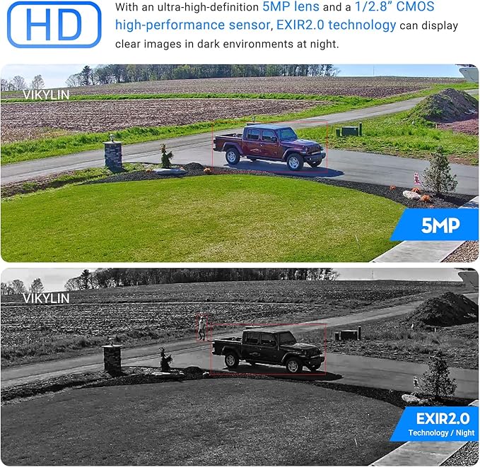 VIKYLIN 5MP Bullet PoE IP Camera Outdoor, 5MP Bullet Security Camera with Human Vehicle Detection, 2.8mm Lens, 98ft IR Night Vision, Built-in Mic, MicroSD 256GB,WDR, IP67, Blue Iris, NDAA Compliant