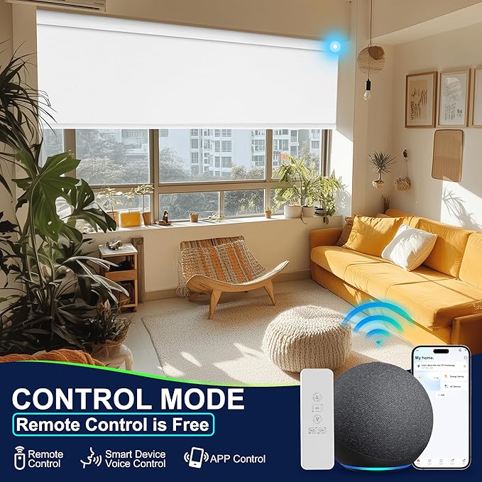 BERISSA Motorized Blinds with Remote,Blackout Smart Blinds for Windows,Jacquard Fabric,Remote Control,Thermal Insulated Automatic Blinds,Electric Blinds with USB/Solar Pannel.Jacquard White
