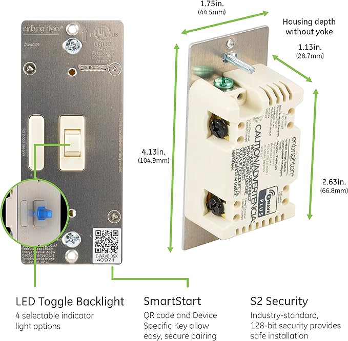 Enbrighten Almond Z-Wave Plus Smart Light Switch with QuickFit and SimpleWire, 3-Way Ready, Compatible with Alexa, Google Assistant, ZWave Hub Required, Repeater/Range Extender, Toggle, 14293