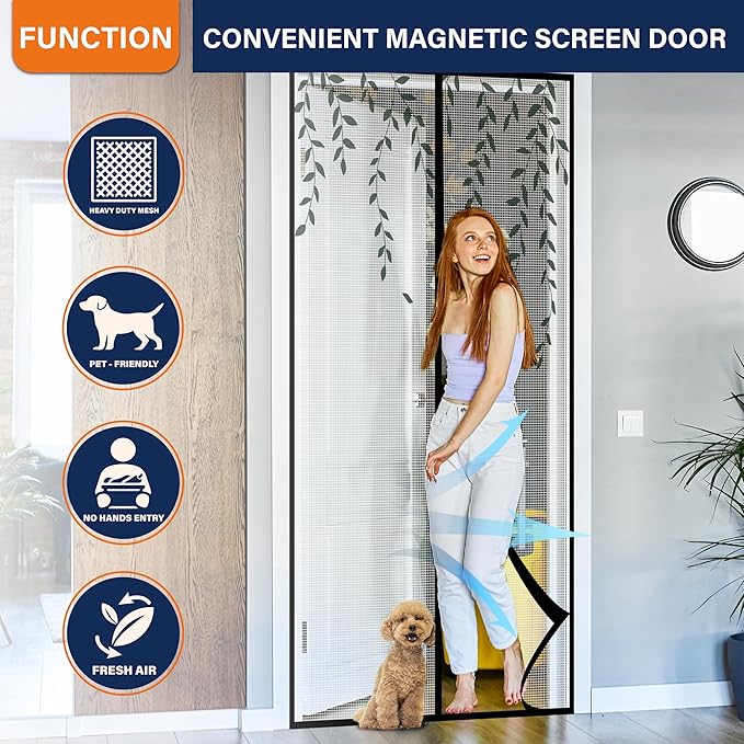 Magnetic Screen Door，Screen Door Mesh，Keep Bugs Out, Heavy-Duty Mesh Curtain,Pet and Kid Friendly, Works with Front Doors, Sliding Doors