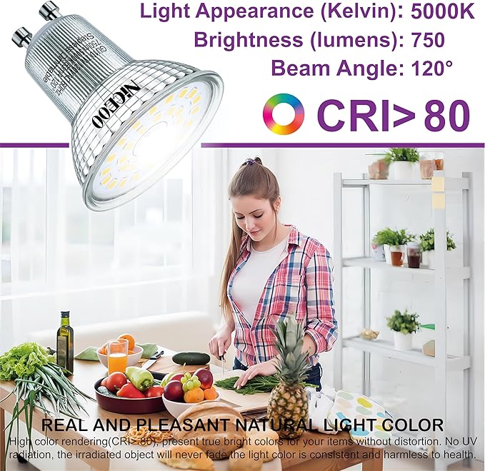 GU10 7W LED Dimmable Light Bulb,5000K Daylight White,Equivalent 75W Halogen, 120V 750LM, 120° Beam Angel, No Flicker Spotlight, Smooth Dimming, MR16 Recessed Track Lighting, 4 Pack