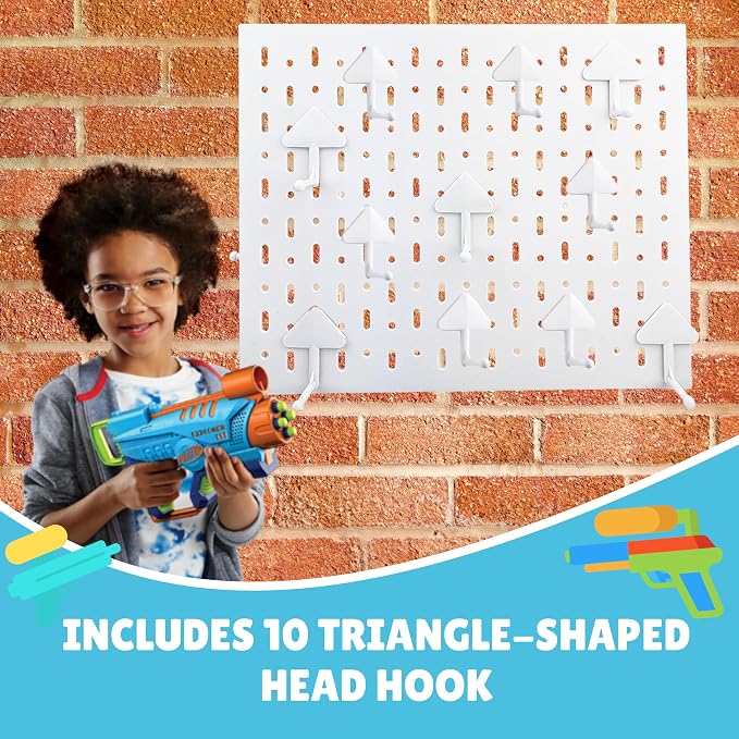 Peg Board for Nerf Gun Storage Organizer - 14.2 x 8.5 x 11 In - White | ABS Plastic Hanging Holder Compatible with All Blasters Nerf Gun Rack Organizer for Wall Organization with 10 Triangle Hooks
