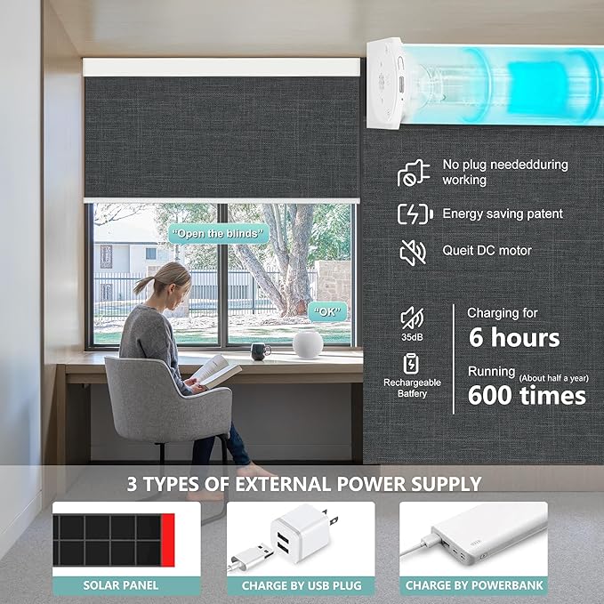 Aprilsmart Motorized Blinds with Remote,Compatible with Apple HomeKit Alexa Google Home- Voice and app Control,Motorized Roller Shades 100% Blackout Custom Size (Bouvardia Dark Grey-17)