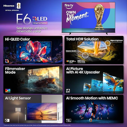 Hisense 75" E6 Cinema Series Hi-QLED 4K UHD Smart Fire TV (75E6QF) - AI Light Sensor, Dolby Vision · Atmos, Voice Remote with Alexa, Motion Rate 120, HDR 10+ Adaptive, Game Mode Plus