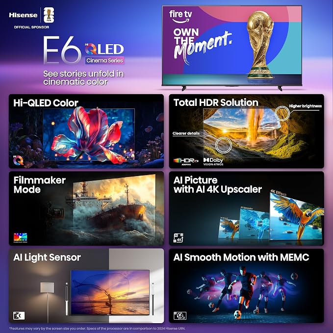 Hisense 55" E6 Cinema Series Hi-QLED 4K UHD Smart Fire TV (55E6QF) - AI Light Sensor, Dolby Vision · Atmos, Voice Remote with Alexa, Motion Rate 120, HDR 10+ Adaptive, Game Mode Plus