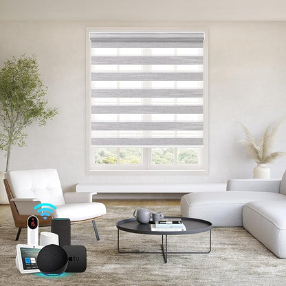 Bringnox Smart Motorized Zebra Roller Blinds - 85% Blackout, Remote Control, Works with HomeKit, Google Home & Alexa via Hub, Custom Size(85% Blackout Wave Grey-36)