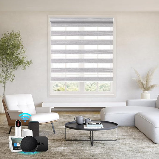Bringnox Smart Motorized Zebra Roller Blinds - 85% Blackout, Remote Control, Works with HomeKit, Google Home & Alexa via Hub, Custom Size(85% Blackout Wave Grey-36)