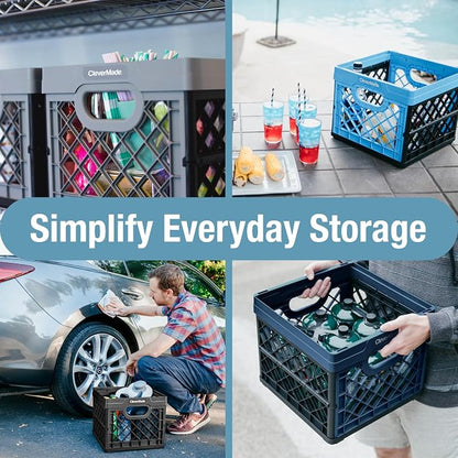 CleverMade Collapsible Milk Crate (EcoCrate) - 25L - Stone (3PK) | Organize Files, Groceries, and Gear in One Crate | Built-In Rails Hold Letter Folders, While the Frame Stacks Securely