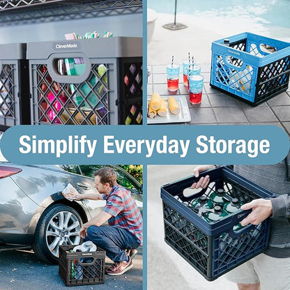 CleverMade Collapsible Milk Crates, 25L, 3 Pack, Holds 50 lb, Obsidian | Organize Files, Groceries, and Gear in One Crate | Built-In Rails Hold Letter Folders, While the Frame Stacks Securely