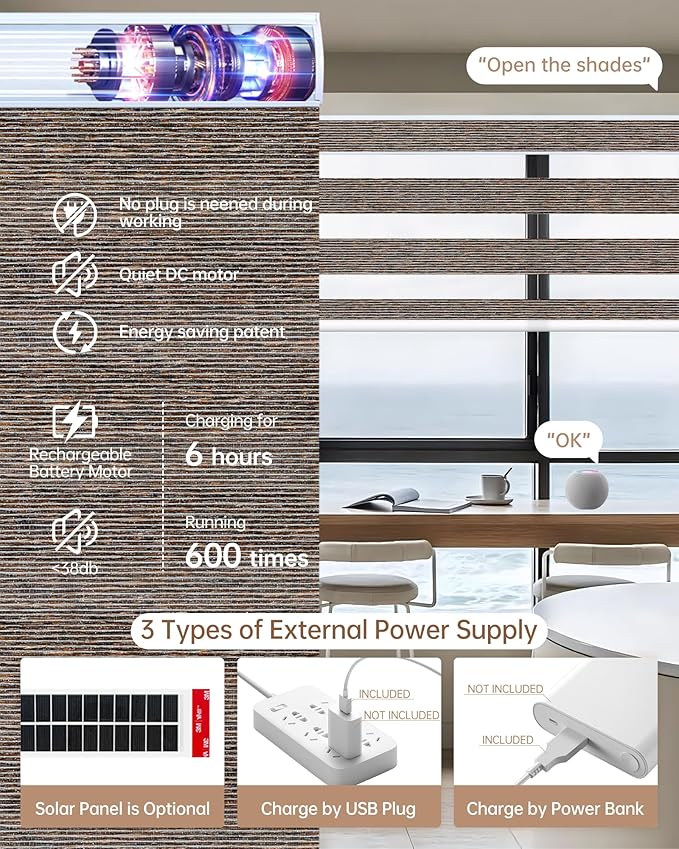 Kincmo Motorized Blinds with Remote, Motorized Zebra Shades Work with Apple Homekit,Alexa,Google Home, Customized Electric Blinds with Remote,App,Voice Control (60% Blackout Monet Brown)