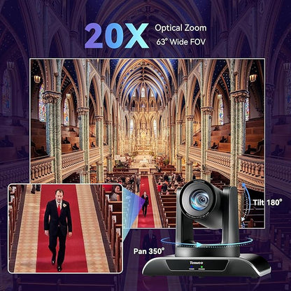 Tenveo HDMI/USB3.0/LAN(PoE) PTZ Camera AI Humanoid & Face Auto-Tracking, 20X Optical Zoom PTZ Camera IP Live Streaming, FHD 1080P 60FPS, for Church Services Worship Video Conference Live Streaming