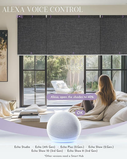 Graywind Smart Coupled Roller Shades Compatible with Alexa Google Custom Size Extra Large Motorized Blinds for Windows(Dark Grey)
