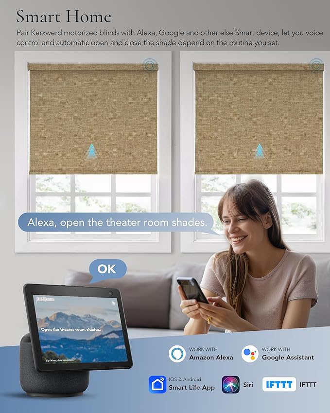 Motorized Blinds Compatible with Alexa Google 100% Blackout Smart Blind Automatic Window Roller Shades Remote Control Custom Size Double-Sided Fabric Coffee