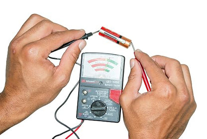 Gardner Bender GBT-500A Analog 1.5 V Button Cell/22.5 Photo/AA/AAA/12 V/9 V/Lantern Cells & More, Leads Battery Tester,14 Battery Range, Black