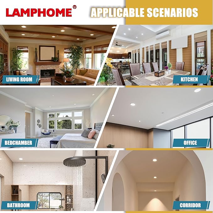LAMPHOME 12-Pack of 8-Inch Slim LED Recessed Lights with Junction Box, Adjustable Color Temperatures (2700K-5000K), 18W Equivalent to 125W, Dimmable, 1600LM Brightness - ETL and Energy Star Certified