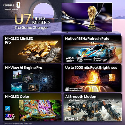 Hisense 100" U7 Mini-LED ULED 4K UHD Best Premium Gaming Smart Google TV (100U7SG, 2026 New) - Hi-QLED, Native 165Hz, VRR 288, High Brightness, HDR10+, Dolby Vision IQ·Atmos, IMAX Enhanced, 2.1.2 Ch