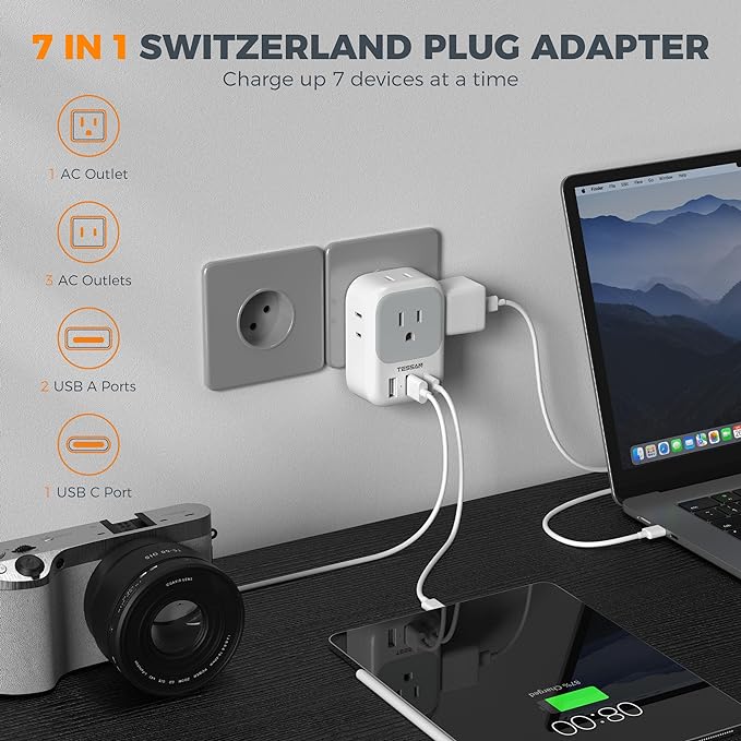 TESSAN Switzerland Travel Plug Adapter, Type J Plug, 2 Pack