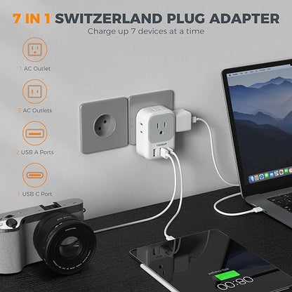 TESSAN Switzerland Travel Plug Adapter, Type J Plug, 2 Pack