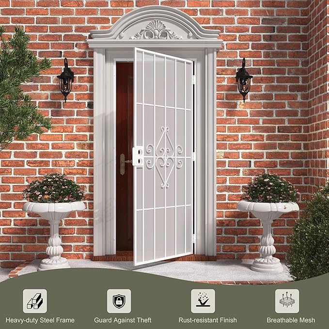 JUBEST 32 in. x 80 in. Security Screen Door, Reversible Powder Coated White Surface Mount Outswing Steel Security Door with Expanded Metal Screen, Prehung Steel Exterior Doors, Durable&Safe
