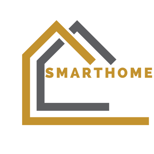 Smarthome logo with a house outline in gold and gray on a white background