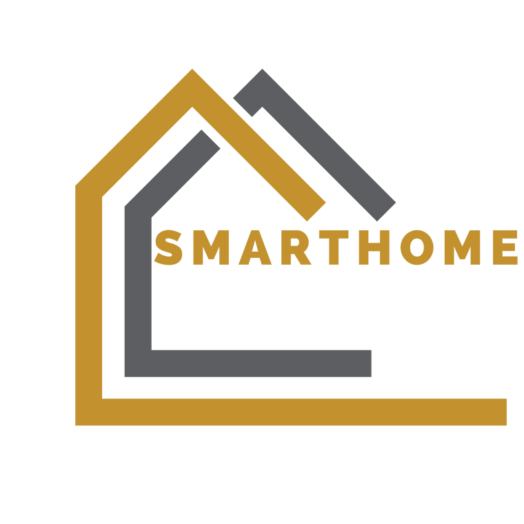 Smarthome logo with a house outline in gold and gray on a white background